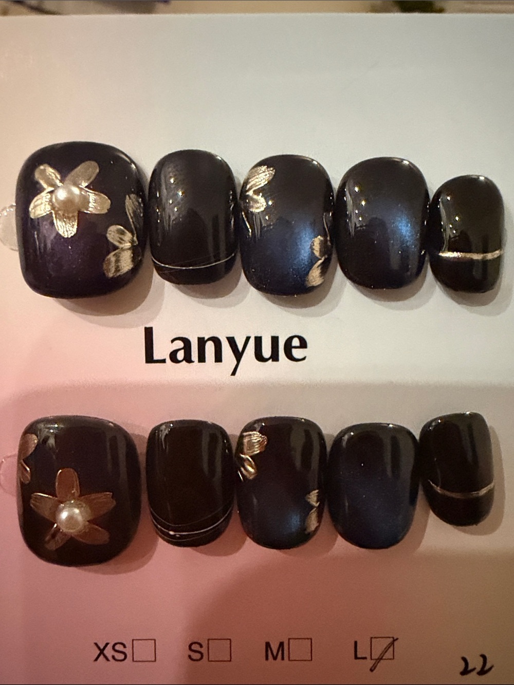 Navy Blue Cateye Press-On Nail Set with Gold Floral Accents